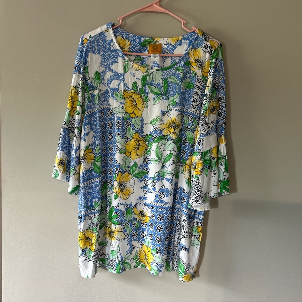 Ruby Rd. Blue Tunic with Yellow Floral Print